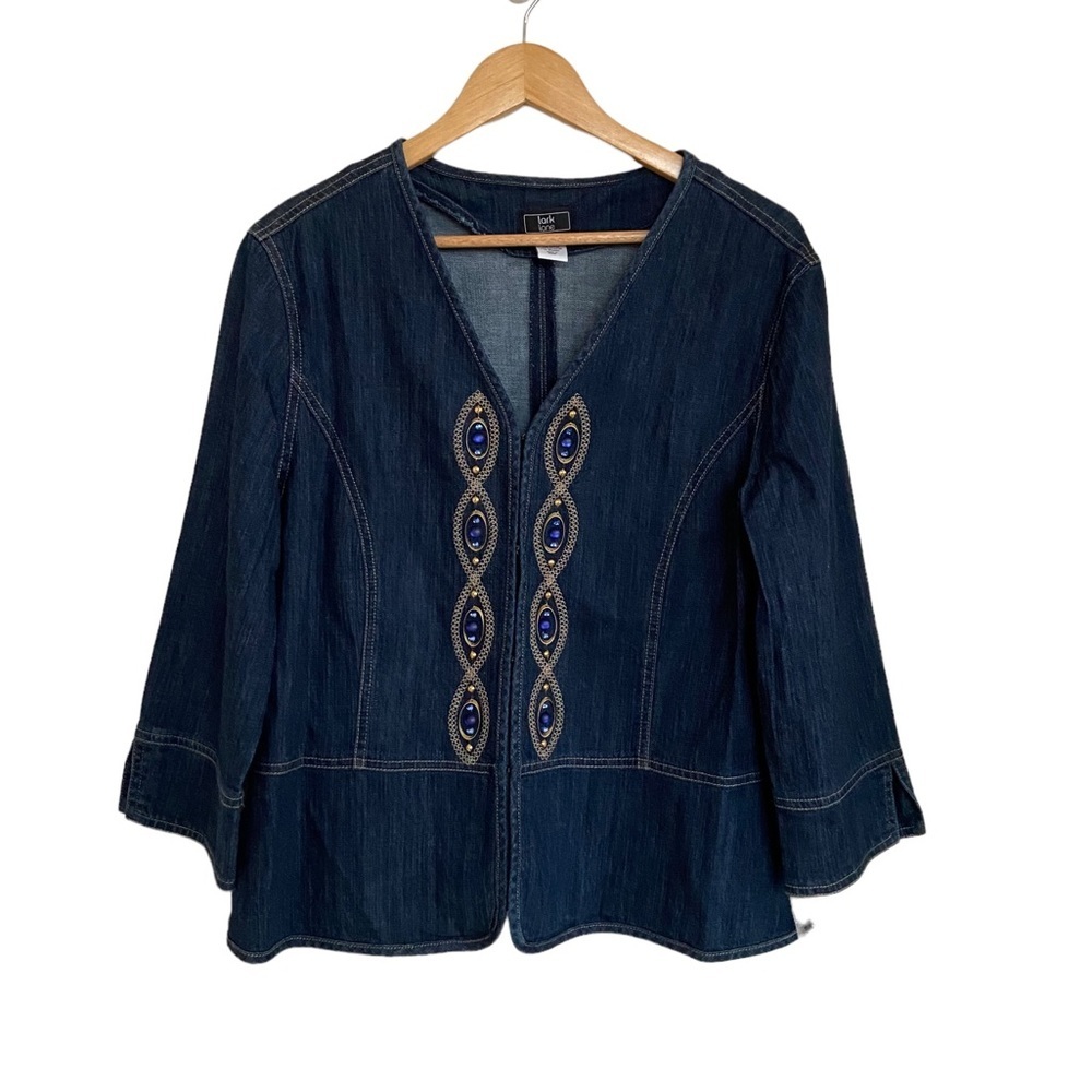 Lark Lane Denim Embroidered Jeweled Fitted Jacket